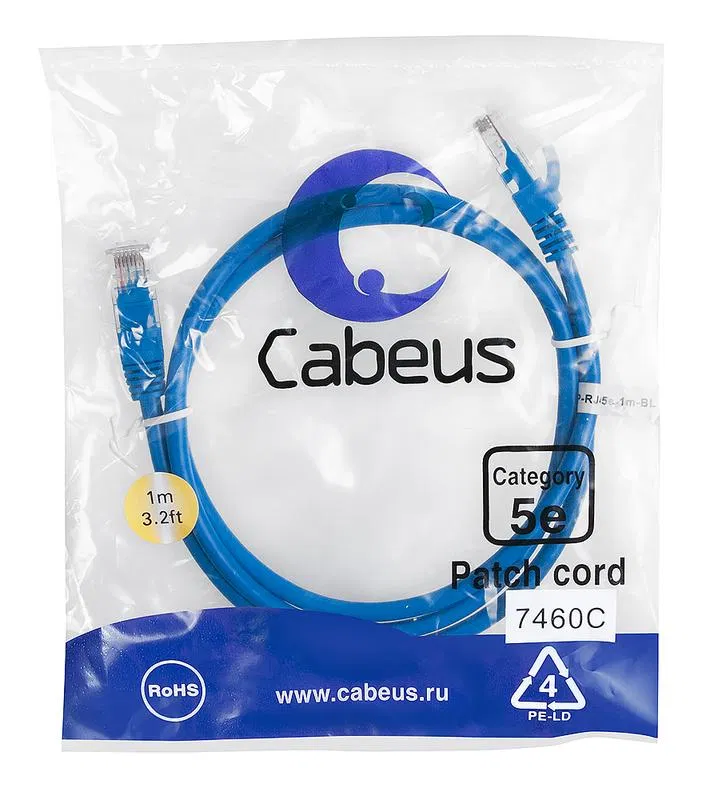 Патч-корд U/UTP кат.5E PC-UTP-RJ45-Cat.5e-1m-BL-LSZH 2xRJ45/8p8c неэкранир. LSZH 1м син. Cabeus 9529c