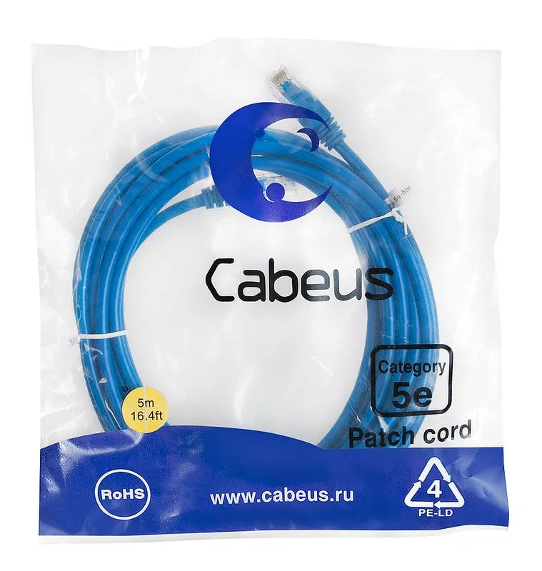 Патч-корд U/UTP кат.5E PC-UTP-RJ45-Cat.5e-5m-BL-LSZH 2xRJ45/8p8c неэкранир. LSZH 5м син. Cabeus 9533c
