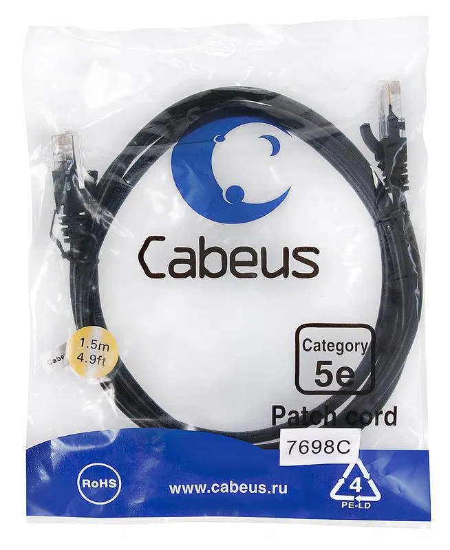 Патч-корд U/UTP кат.5E PC-UTP-RJ45-Cat.5e-1.5m-BK-LSZH 2xRJ45/8p8c неэкранир. LSZH 1.5м черн. Cabeus 9538c
