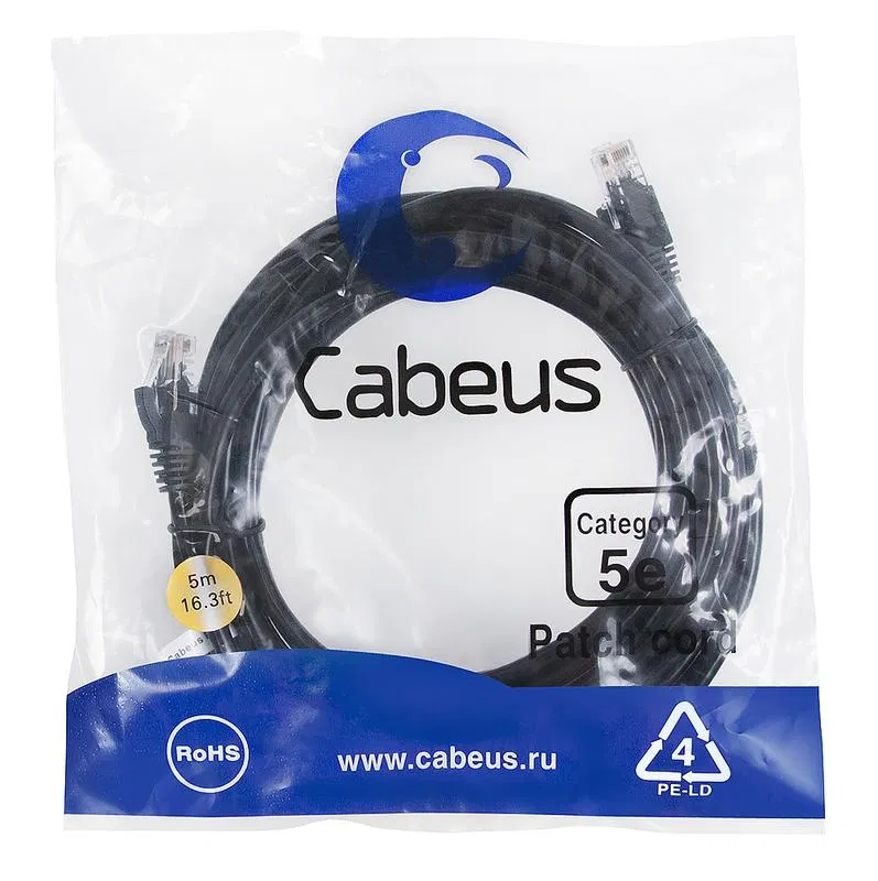 Патч-корд U/UTP кат.5E PC-UTP-RJ45-Cat.5e-5m-BK-LSZH 2xRJ45/8p8c неэкранир. LSZH 5м черн. Cabeus 9541c