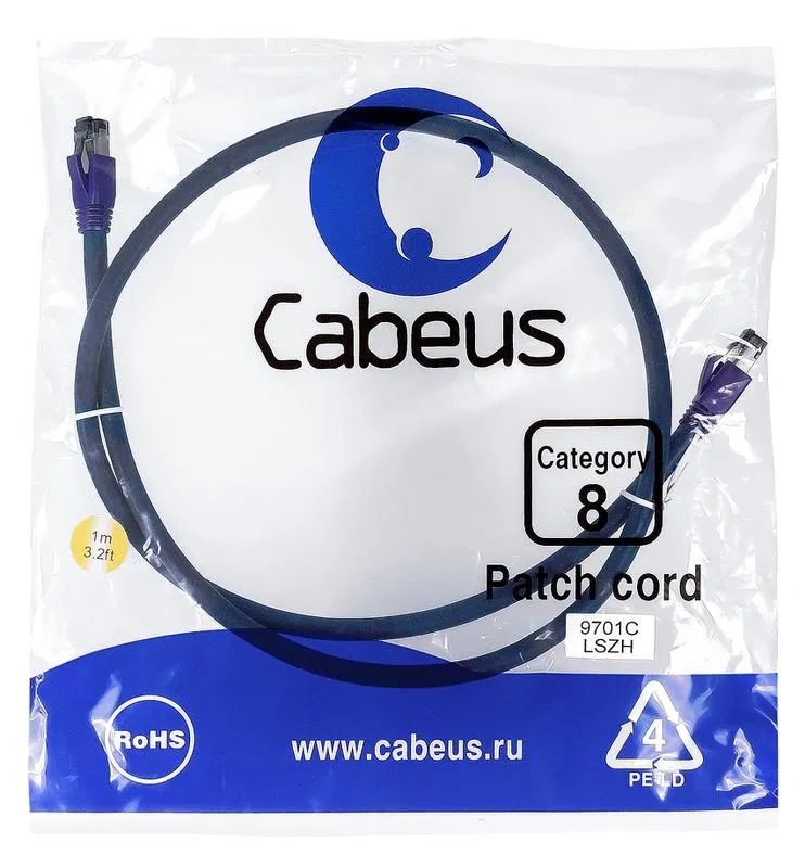 Патч-корд S/FTP кат.8 PC-SSTP-RJ45-Cat.8-1m-LSZH 2xRJ45/8p8c экранир. LSZH (40G 2000 MHz) 1м син. Cabeus 9701c