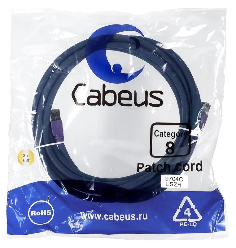 Патч-корд S/FTP кат.8 PC-SSTP-RJ45-Cat.8-3m-LSZH 2xRJ45/8p8c экранир. LSZH (40G 2000 MHz) 3м син. Cabeus 9704c