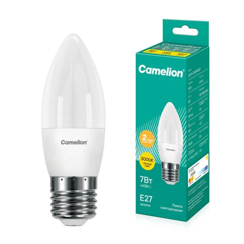 Лампа светодиодная LED7-C35/830/E27 7Вт свеча 3000К тепл. бел. E27 530лм 220В Camelion 12077