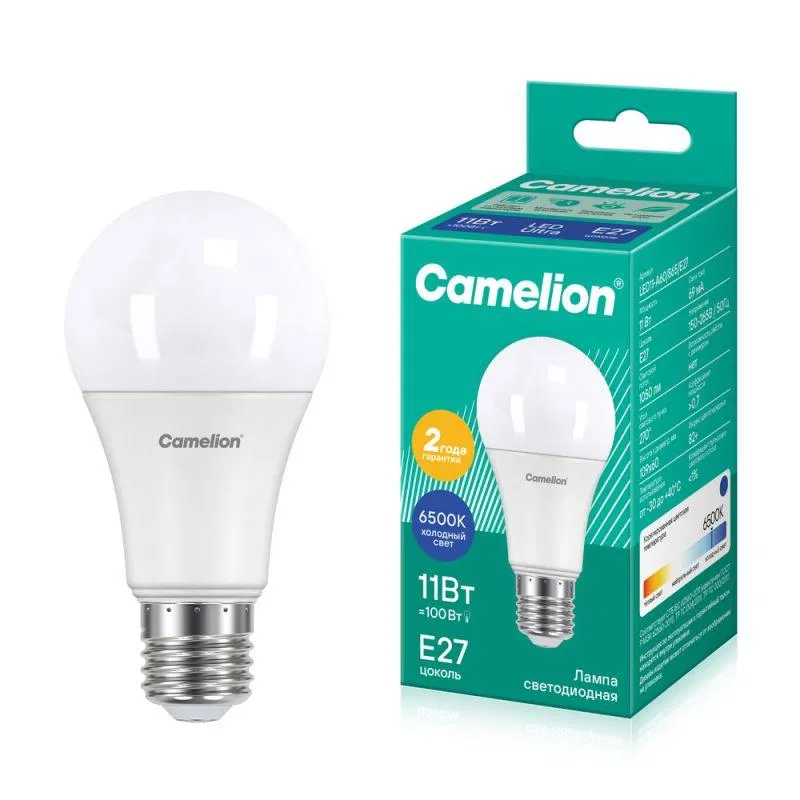 Лампа светодиодная LED11-A60/865/E27 11Вт грушевидная матовая 6500К холод. бел. E27 150-265В Camelion 12651