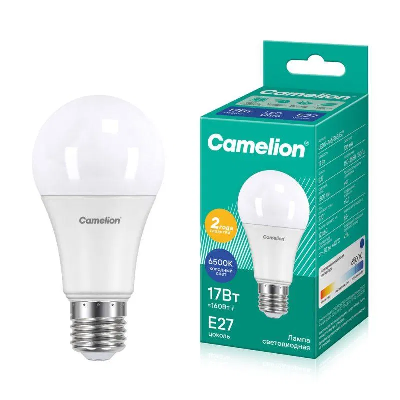 Лампа светодиодная LED17-A65/865/E27 17Вт грушевидная матовая 6500К холод. бел. E27 150-265В Camelion 12653