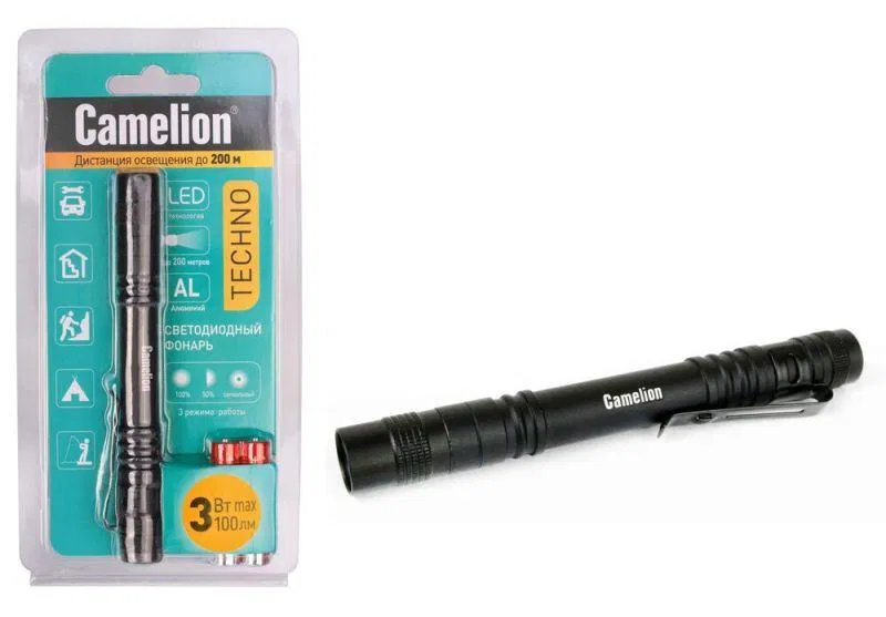 Фонарь LED51517 XPE 3 режима 2хLR03 (в компл.) алюм. черн. (открывающ. блист.) Camelion 12917