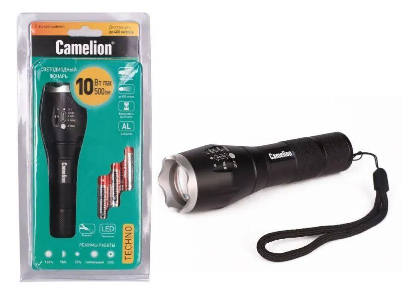 Фонарь LED5136 XML-T6 ZOOM 3 режима 3хLR03 (в компл.) алюм. черн. (открывающ. блист.) Camelion 12971