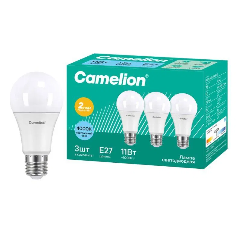 Лампа светодиодная LED11-A60-3/845/E27 11Вт грушевидная E27 150-265В ПРОМО (уп.3шт) Camelion 14711