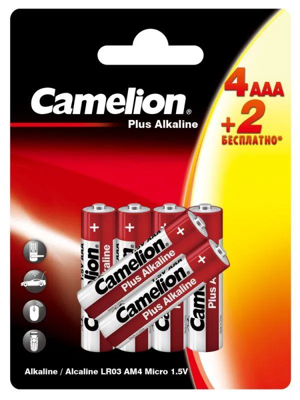 Элемент питания алкалиновый AAA/LR03 1.5В Plus Alkaline 4+2LR03-BP 4+2 бесплатно промо (уп.6шт) Camelion 15307