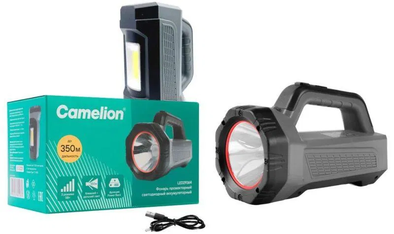 Фонарь аккумуляторный LED29364 LED+COB 5Вт 3 реж. USB2.0 Type-C PB 2.4А.ч пластик. коробка сер. Camelion 16205