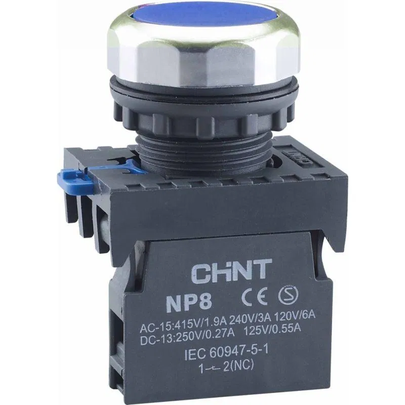Кнопка управления NP8-02BND/6 подсвет. самовозв. AC110-230В(LED) 2НЗ IP65 (R) син. CHINT 667589