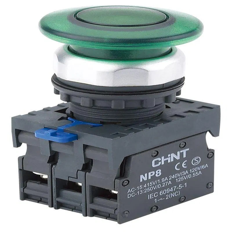 Кнопка управления "Грибок" d40мм NP8-11MD/13 1НО+1НЗ IP65 AC110-230В с самовозвратом с подсветкой зел. (R) CHINT 667597