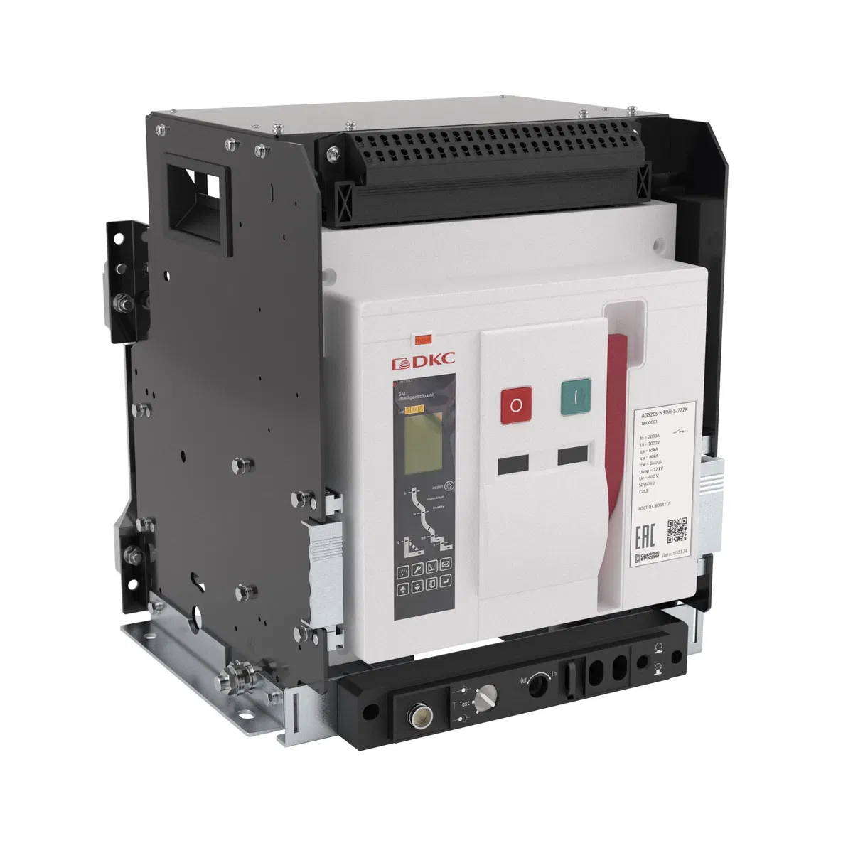 Воздушный автоматический выключатель YON AGS16S 3Р 1600 А 80 кА, типоразмер N, расцепитель 3H, выкатной, управление 220 В AC, горизонтальное подключение AGS16S-N3DH-6-222K DKC