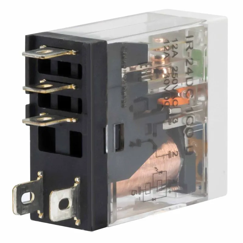 Реле миниатюрное промышленное, 1CO, ком. ток 12А, AgSnO2, напряжение 24V DC, опция: тест-кнопка+светодиод+защитный диод IR-24DC-1CO-D DKC