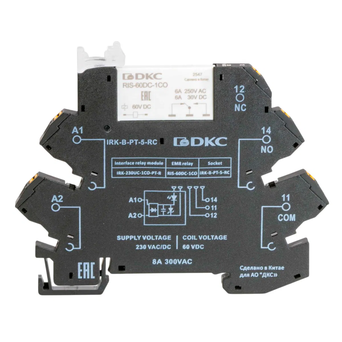 Реле интерфейсное 6А AgSnO2 230В AC/DC 1перекл. RC- цепь push-in клеммы DKC IRK-230UC-1CO-PT-R