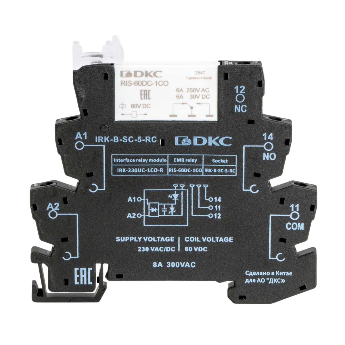 Реле интерфейсное, 1CO, ком. ток 6А, AgSnO₂, напряжение 230V AC/DC, RC-цепь, винтовые клеммы. IRK-230UC-1CO-R DKC