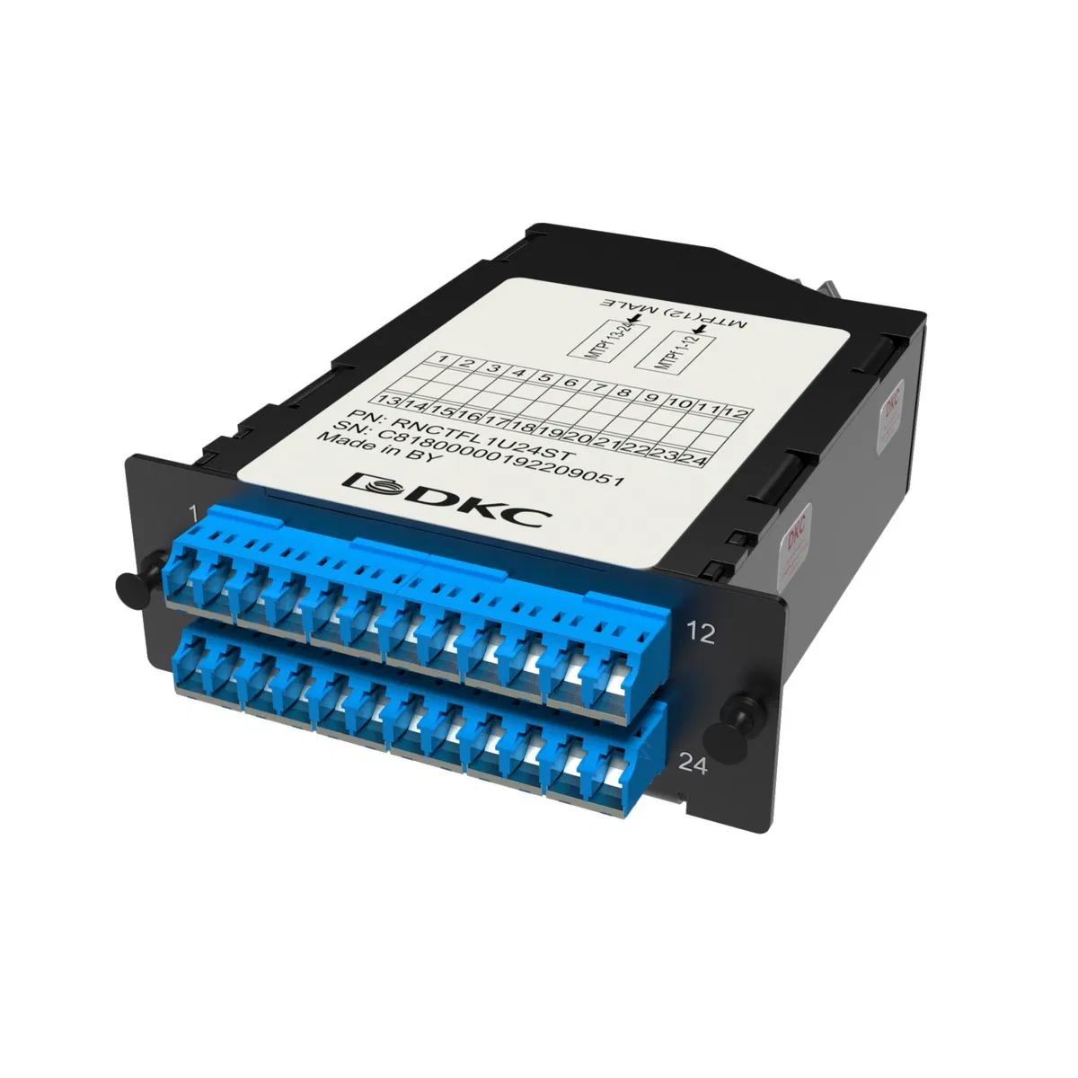 Претерминированная кассета 24ОВ 09/125 OS2, 2xMTP(12)f/12xLC-UPC двухволоконный (Duplex) (с интегрированными шторками), 1 HU RNCTFL1U24ST DKC