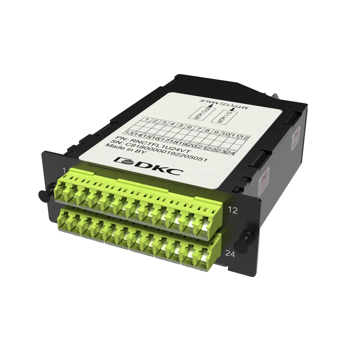 Претерминированная кассета 24ОВ 50/125 OM5, 2xMTP(12)f/12xLC двухволоконный (Duplex) (с интегрированными шторками), 1 HU RNCTFL1U24VT DKC