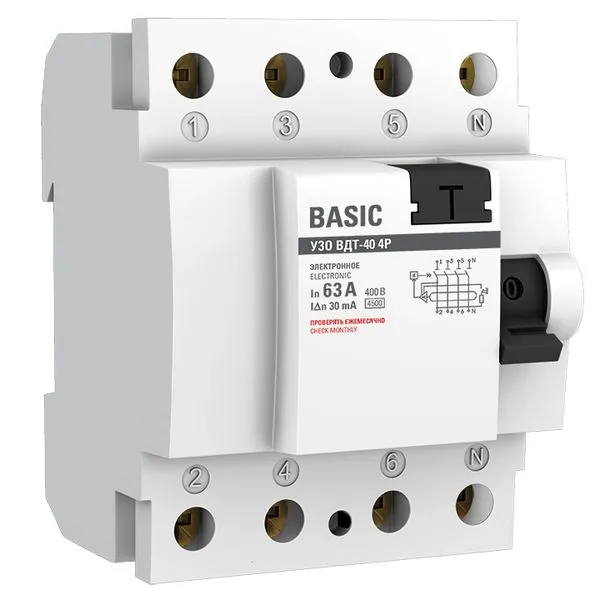 Выключатель дифференциального тока (УЗО) 4п 63А 30мА тип AC Basic электрон.EKF elcb-4-63-30e-sim EKF