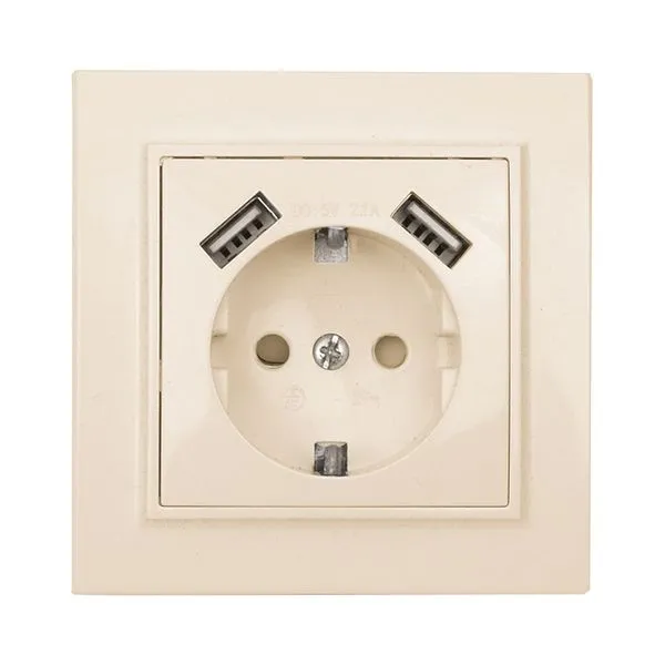 Минск Розетка 1-местная СП с/з 16А бежевая с защ. штор. с 2 USB 2,1А EKF ERR16-028-200-2USB