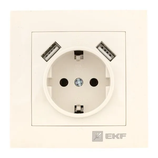 Валенсия розетка 1-местная с/з 16А кремовая с защ. штор. с 2 USB 2,1А EKF EWR16-028-20-2USB