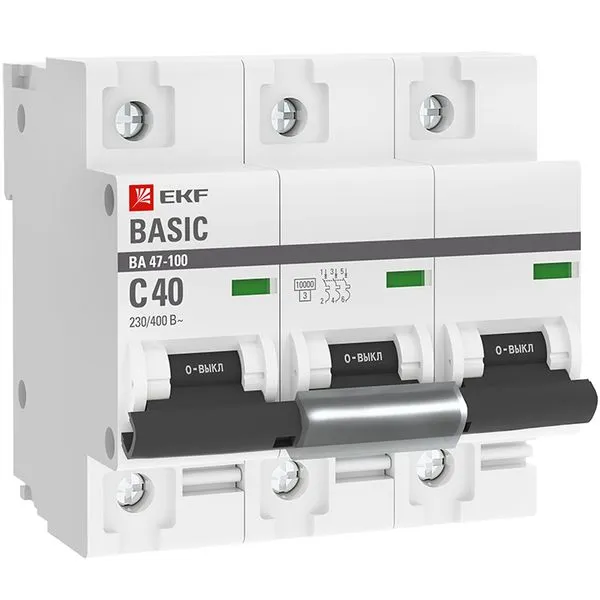 Автоматический выключатель 3P 40А (C) 10kA ВА 47-100 EKF Basic mcb47100-3-40C-bas