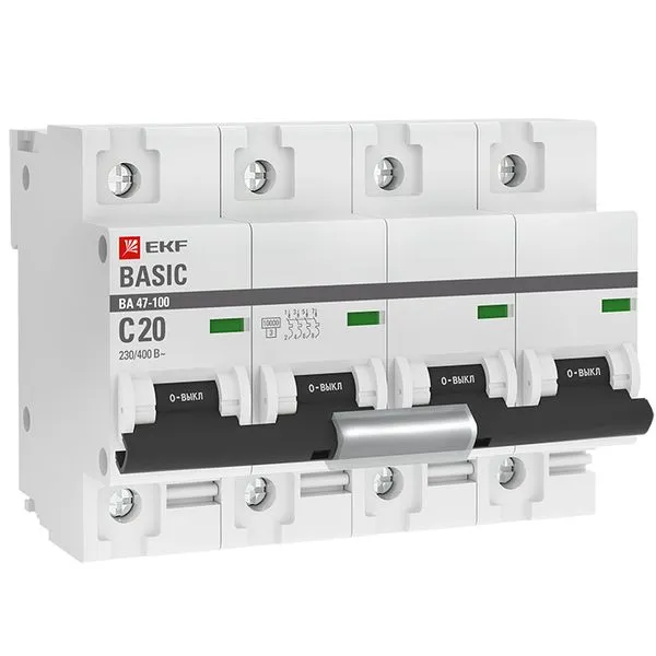 Автоматический выключатель 4P 20А (C) 10kA ВА 47-100 EKF Basic mcb47100-4-20C-bas