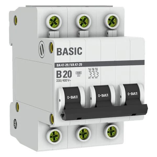 Автоматический выключатель ВА 47-29 3P 20А (B) 4,5кА BASIC mcb4729-3-20-B EKF