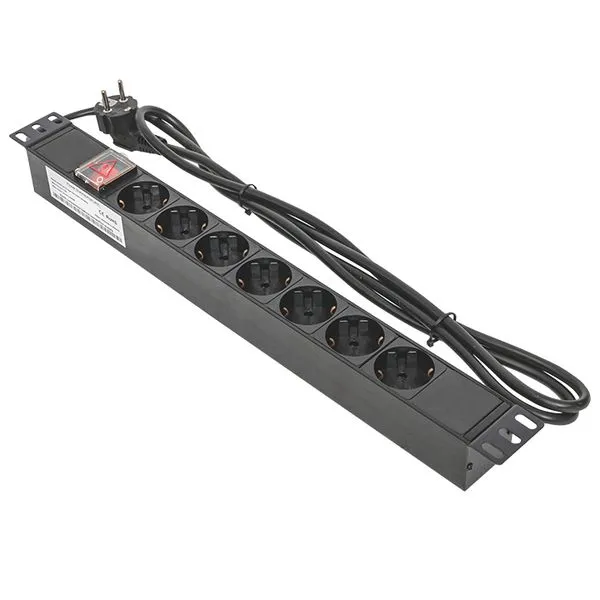 Блок розеток PDU TERACOM 19" 1U 16А/250В 7 розеток Schuko с выключателем шнур питания длиной 2 метра сечение 3x1,5 мм2 вилка Schuko корпус пластик черный TRC-HPD-LS-16A-7SH-2MSH EKF
