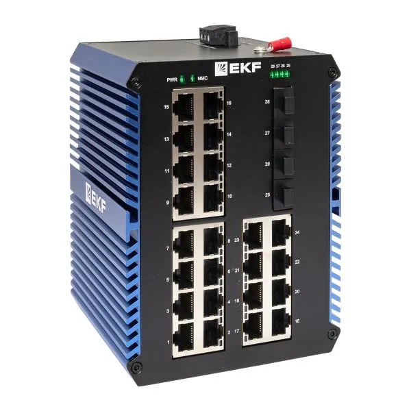 Промышленный неуправляемый коммутатор U-4GX/SFP-24GTP, 4 порта 1000Base-X SFP, 24 порта 10/100/1000Base-T(X) RJ45 c PoE, монтаж на динрейку TSX EKF TSX-U-4GX/SFP-24GTP