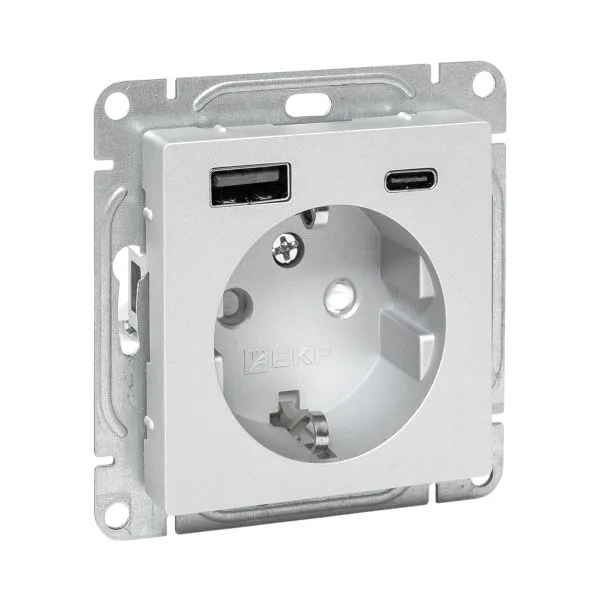Розетка СП Эпика 16А с 2 USB-A+С с заземл. защ. шторки механизм алюм. EKF UP1-SOA-111-USBA+USBC