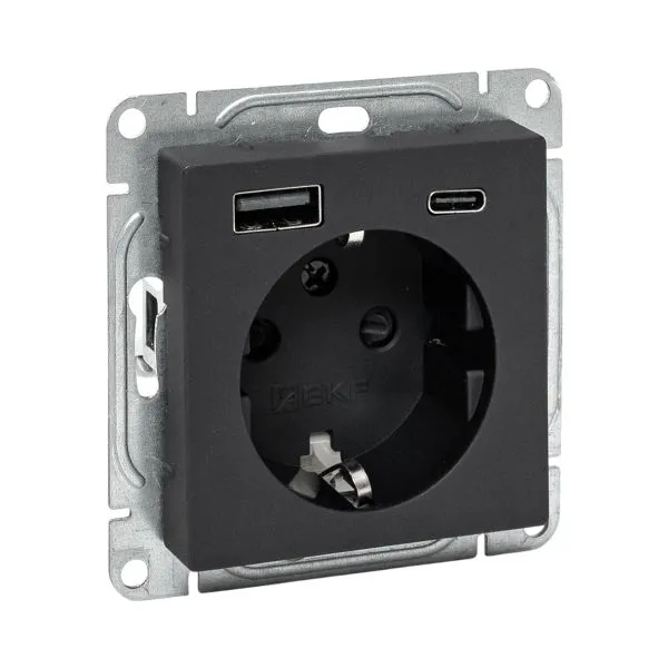 Розетка СП Эпика 16А с 2 USB-A+С с заземл. защ. шторки механизм черн. EKF UP1-SOB-111-USBA+USBC