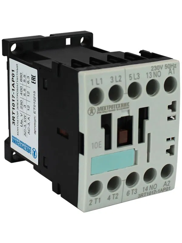 Контактор электромагнитный 3RT1017-1AP01 3-пол. 12А AC-3 55кВт/400В 1НO 230В AC 50Гц типоразмер S00 винт. клеммы IP20 Электротехник ET012215