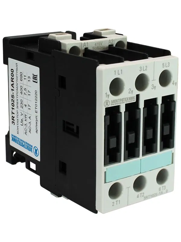 Контактор электромагнитный 3RT1025-1AR00 3п 17A кат. 415В AC 50Гц IP20 7.5кВт AC-3 400В типоразмер S0 винтов. клеммы Электротехник ET012220