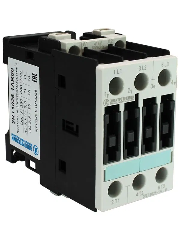 Контактор электромагнитный 3RT1026-1AR00 3-пол. 25А AC-3 11кВт/400В 415В AC 50Гц типоразмер S0 винт. клеммы IP20 Электротехник ET012225