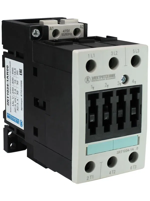Контактор электромагнитный 3RT1034-1AR00 3-пол. 32А AC-3 15кВт/400В 415В AC 50Гц типоразмер S2 винт. клеммы IP20 Электротехник ET014598