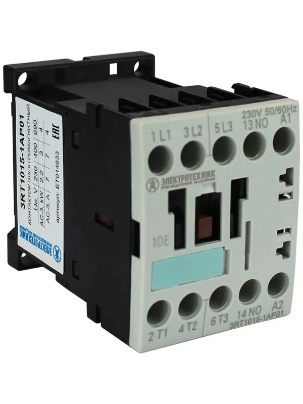 Контактор электромагнитный 3RT1015-1AP01 3п 7А AC-3 3кВт/400В 1НО 230В АС 50/60Гц типоразмер S00 винтовые клеммы IP20 Электротехник ET014833