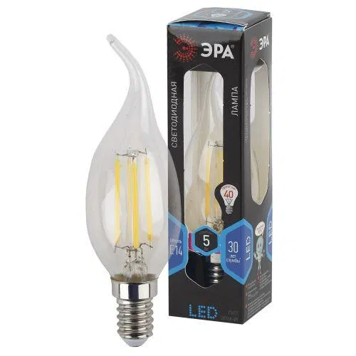 Лампа светодиодная филаментная F-LED BXS-5W-840-E14 5Вт свеча на ветру прозрачная 4000К нейтр. бел. E14 650лм 170-265В Эра Б0019005