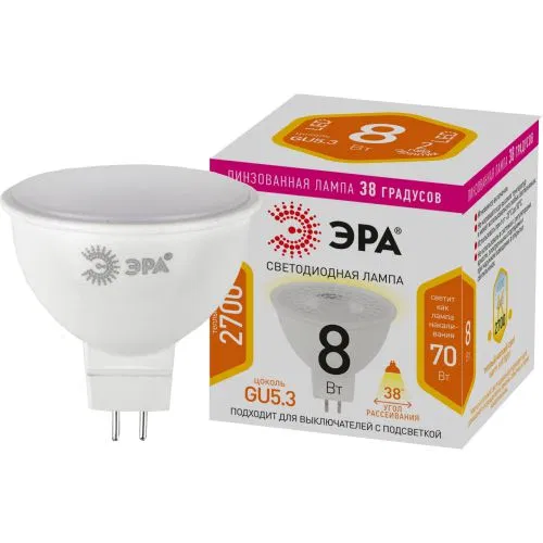 Лампа светодиодная STD LED Lense MR16-8W-827-GU5.3 8Вт MR16 софит 2700К тепл. бел. GU5.3 650лм 170-265В линзованная Эра Б0054938
