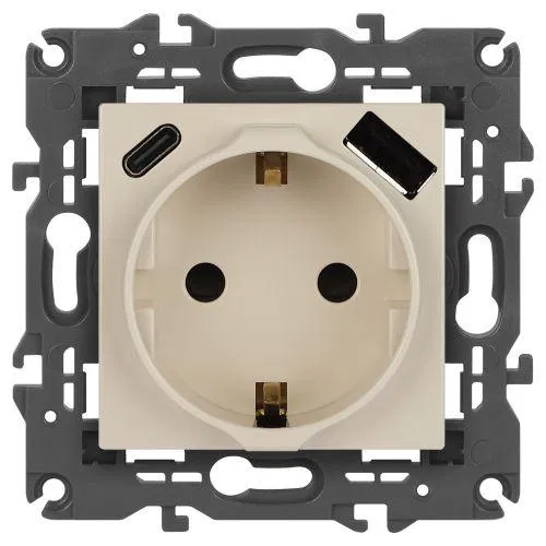 Розетка 1-м СП Elegance 14-4108-02 16А 250В 2P+E с USB type-A+C 5В-3А защ. шторки сл. кость Эра Б0067725