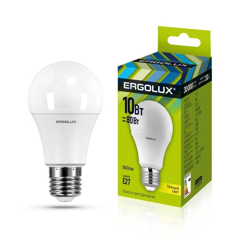 Лампа светодиодная LED-A60-10W-E27-3000K 10Вт грушевидная 3000К тепл. бел. E27 180-240В ЛОН Ergolux 12148