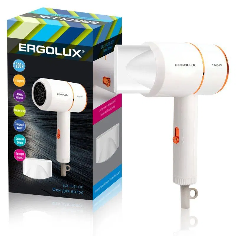 Фен ELX-HD11-C01 1200Вт 220-240В бел./зол. Ergolux 15206