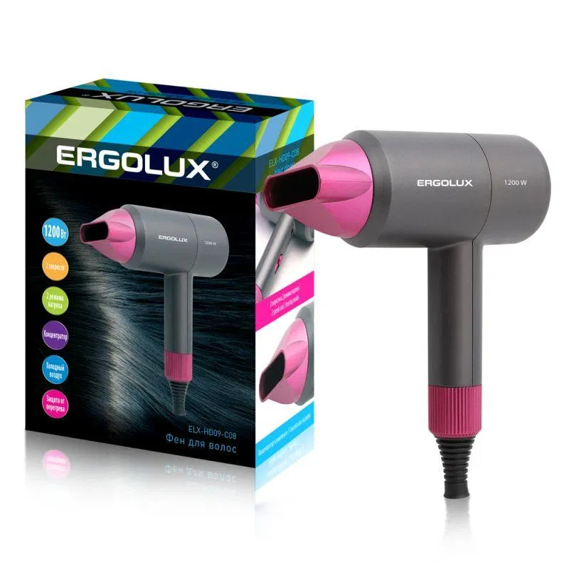 Фен 1200 Вт 220-240В ELX-HD09-C08 сер./роз. Ergolux 15207