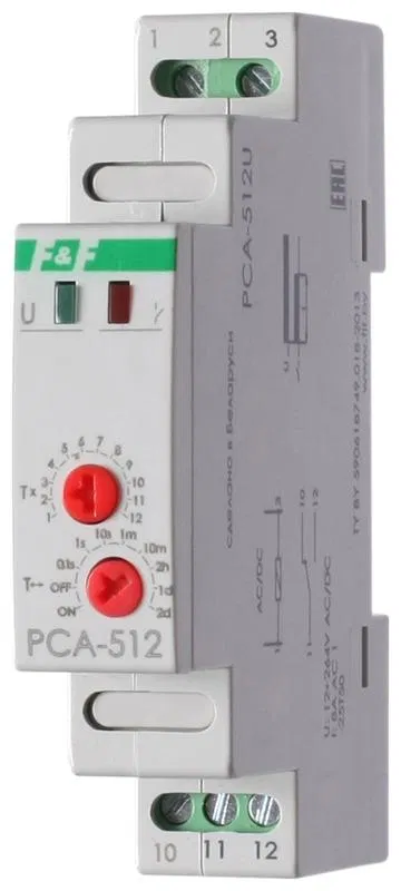 Реле времени PCA-512U 8А 12-264В AC/DC 1 перекл. IP20 задержка выключ. монтаж на DIN-рейке F&F EA02.001.002 Евроавтоматика F&F