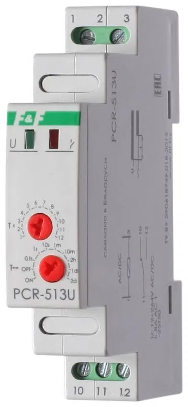 Реле времени PCR-513U 8А 12-264В AC/DC 1 перекл. IP20 задержка включ. монтаж на DIN-рейке F&F EA02.001.004 Евроавтоматика F&F