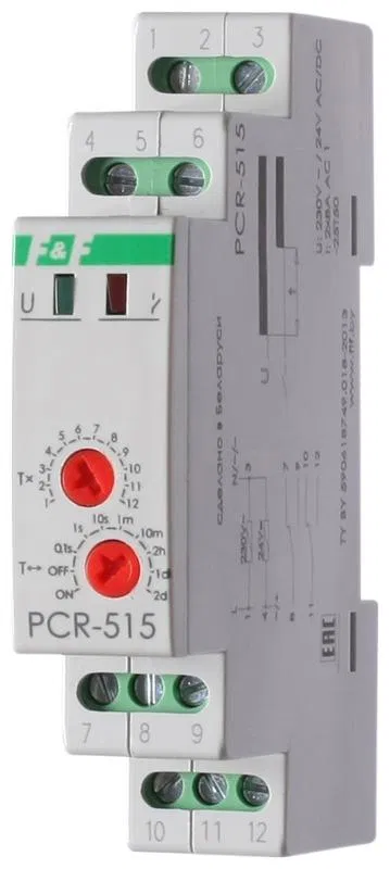 Реле времени PCR-515 2х8А 230В 2перекл. IP20 задержка включ. монтаж на DIN-рейке F&F EA02.001.006 Евроавтоматика F&F