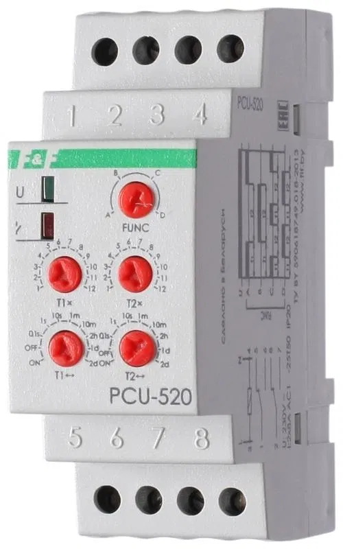 Реле времени PCU-520 2х8А 230В 2 перекл. IP20 многофункц. монтаж на DIN-рейке F&F EA02.001.012 Евроавтоматика F&F