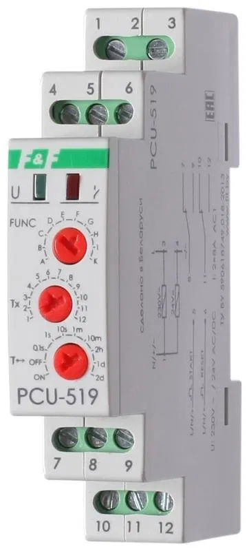Реле времени PCS-519 2х8А 230В AC-24В AC/DC 2п IP20 многофункц. с вход. START/RESET монтаж на DIN-рейке F&F EA02.001.023 Евроавтоматика F&F