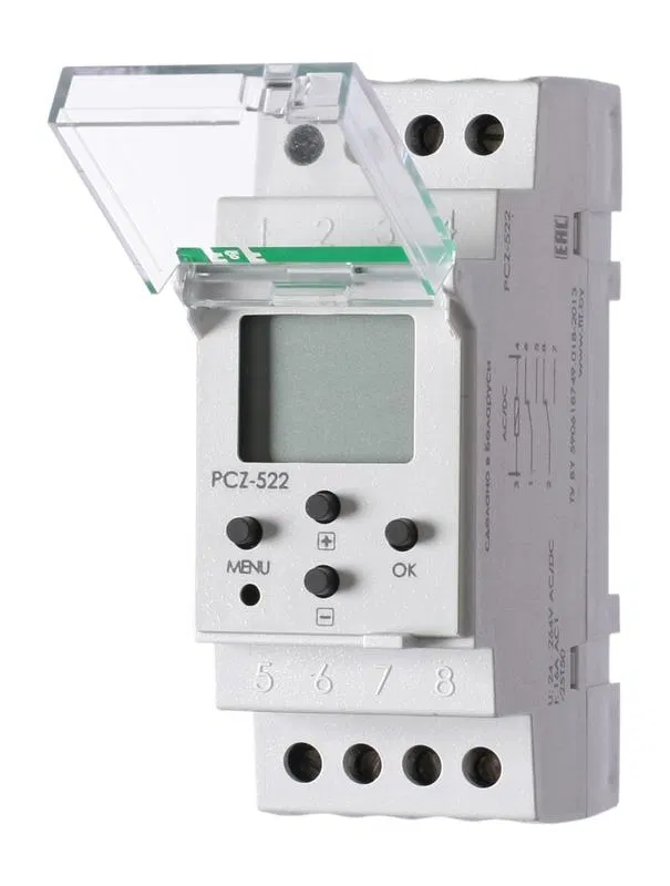 Реле времени PCZ-522 2х16А 24-264В AC/DC 2 перекл. IP20 2канала-2х125пар включ./выключ. суточн./недел. циклы монтаж на DIN-рейке F&F EA02.002.002 Евроавтоматика F&F