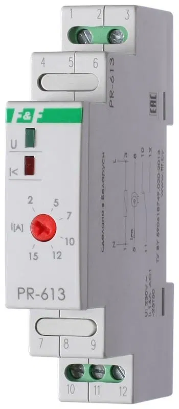 Реле тока PR-613 (2-15А сквозной канал монтаж на DIN-рейке 35мм 230В AC 16А 1НО IP20) F&F EA03.003.004 Евроавтоматика F&F